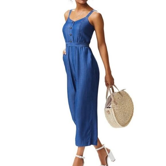 Lauren Conrad Pants - Lauren Conrad Button Down Lyocell Straight Leg Blue Jumpsuit US Womens S